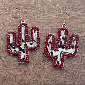 Red Saguaro Cactus Earrings with Leopard Print